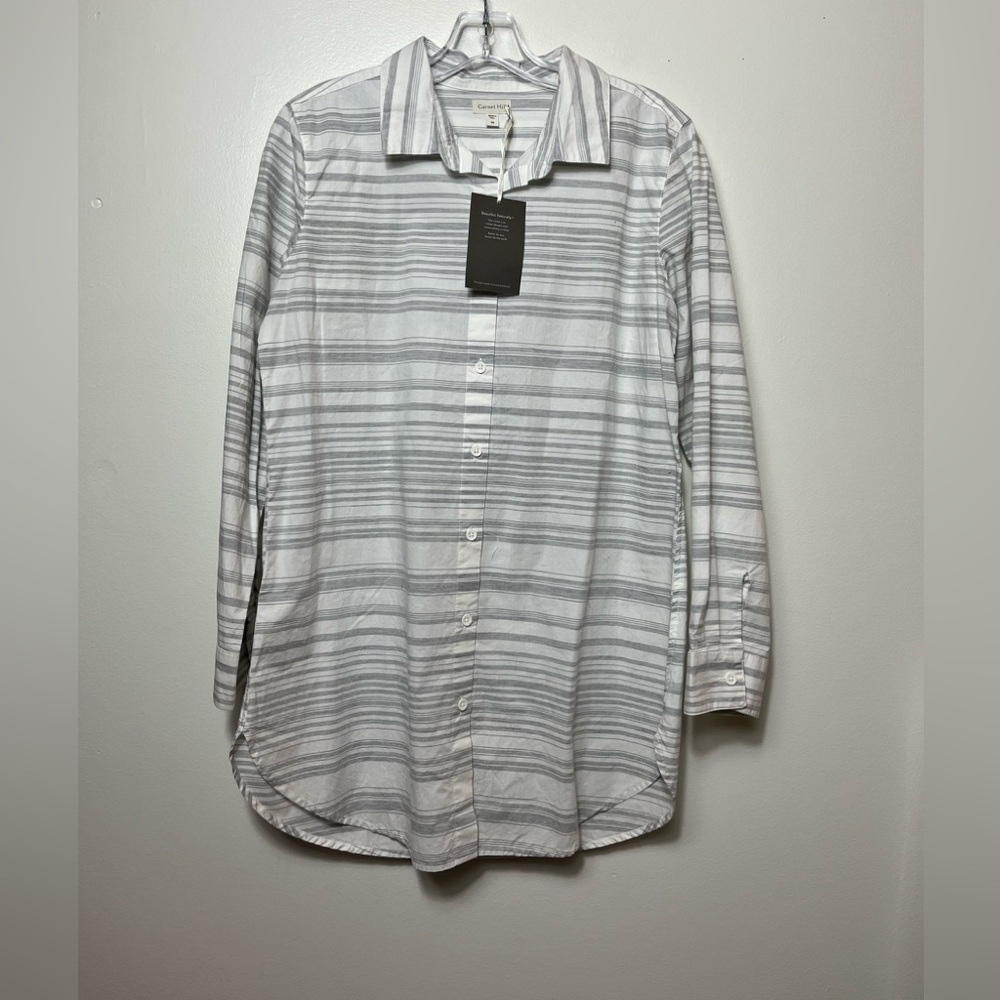 Garnet Hill Organic Cotton Relax Fit Tunic Button Down Shirt Gray Stripe Size 8